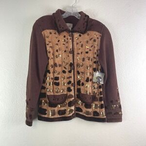 Berek Cardigan Sweater Size M Brown Animal Print Sequin Vintage Mob Wife 493420